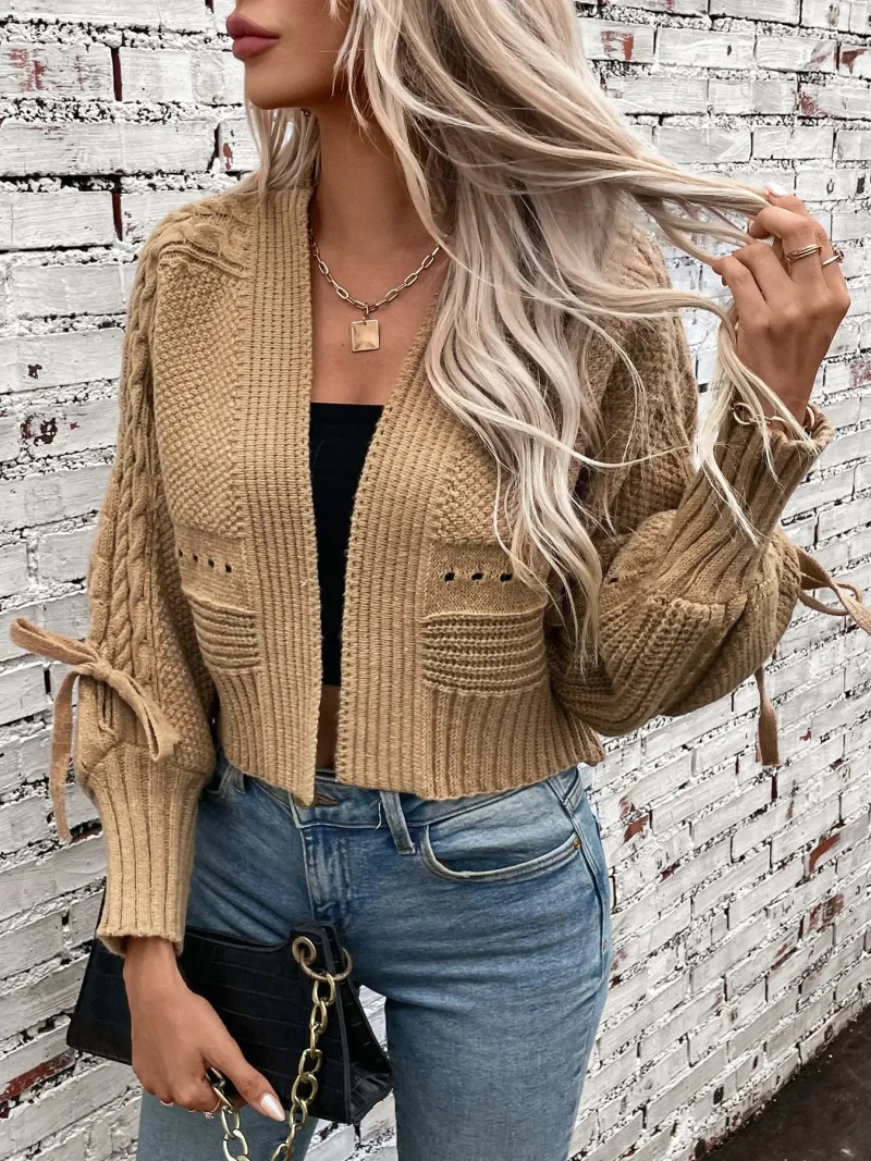 Autumn Bow Lace Up Long Sleeve Knit Short Cardigan Jacket - Image 12