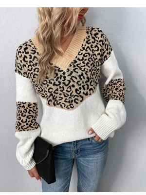 Winter V Neck Leopard Patchwork Knitted Sweater Women Fashion