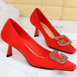 Western Style Fashion Women 6cm High Heels Pumps Square Toe Flock Metal Crystal - Image 16