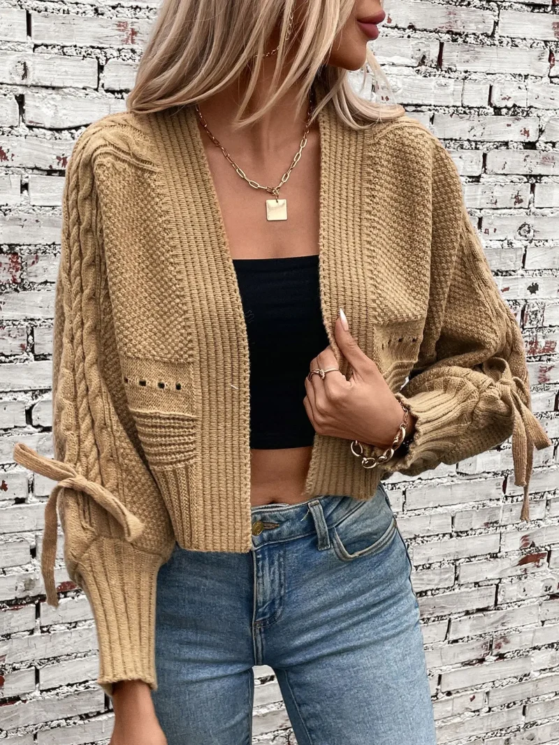 Autumn Bow Lace Up Long Sleeve Knit Short Cardigan Jacket - Image 11