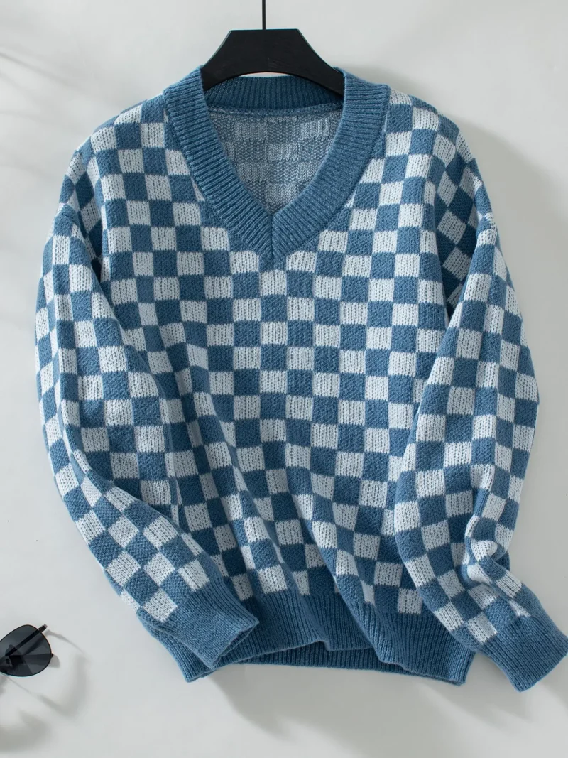 Autumn Winter Cloth Women's V-Neck Long Sleeve Plaid Sweaters - Image 12