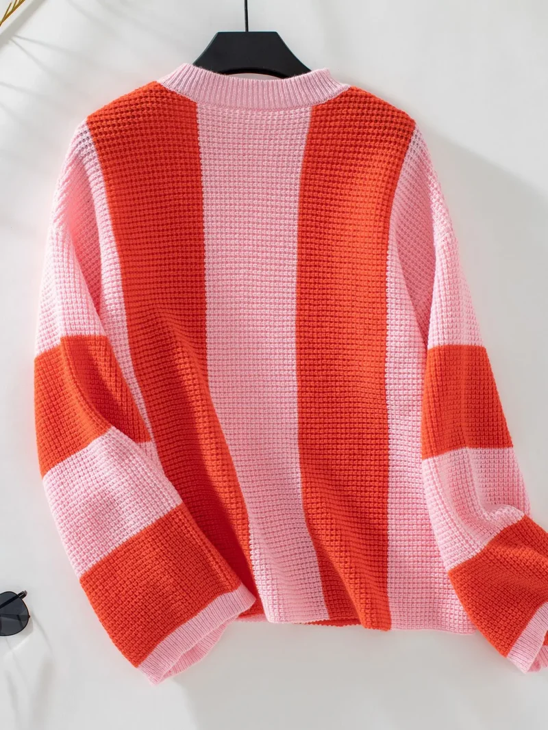 Womne's Contrast Color Striped Knitted Sweater Autumn - Image 13