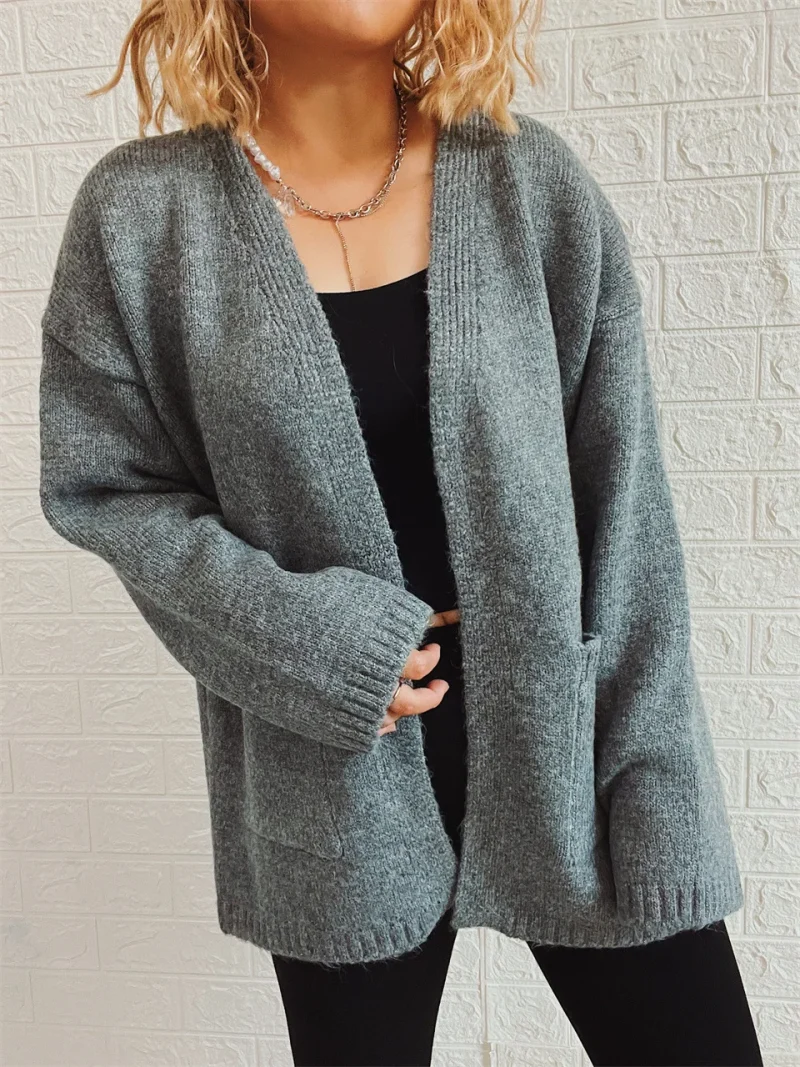 Long Sleeve Pockets Sweater Coat Womens Clothing - Image 10