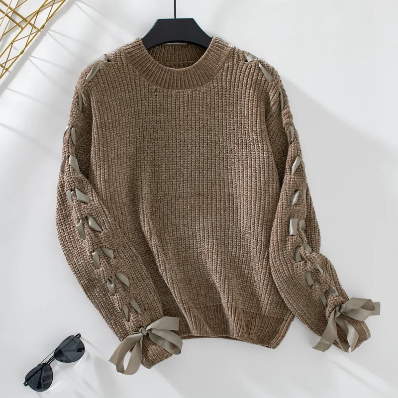 Long Sleeve Lace Up O-Neck Pullover Women 2024 - Image 3