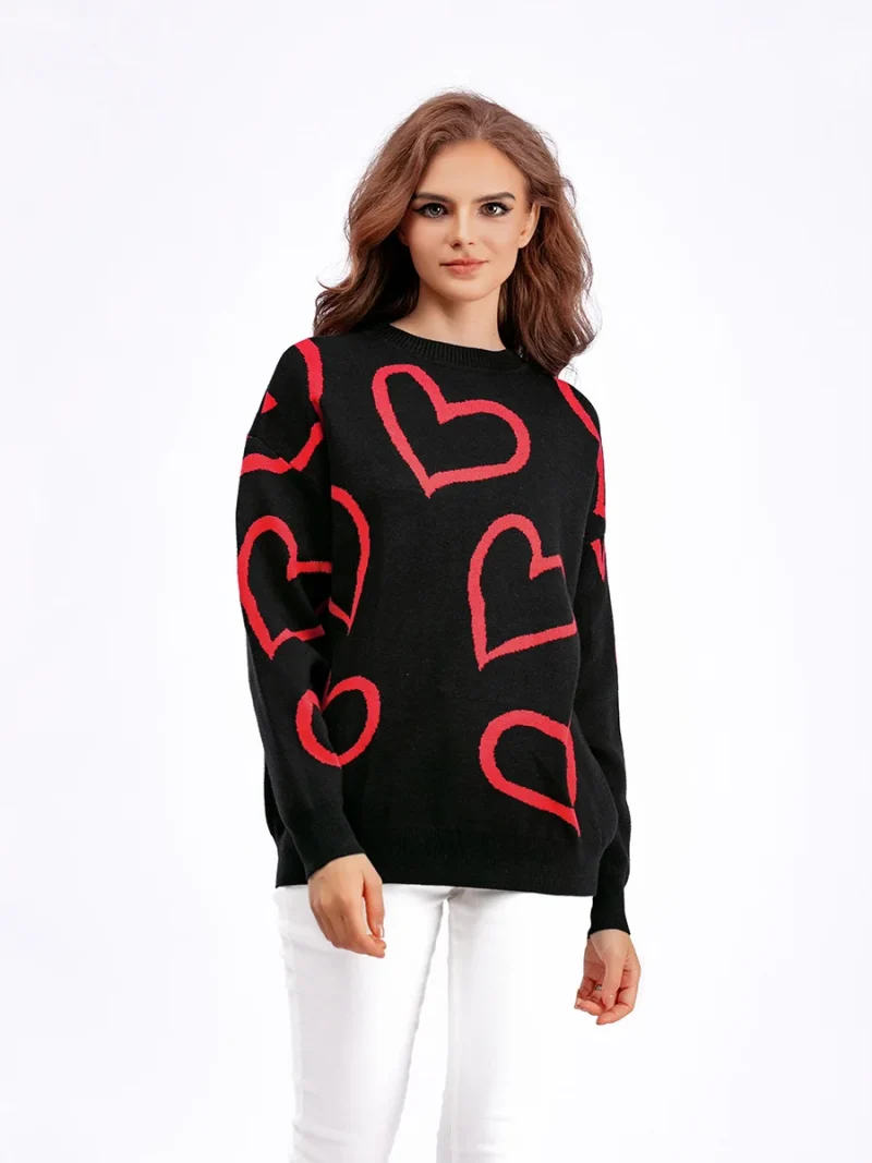 Heart Print O-Neck Pullovers Women Long Sleeve Loose Knitted Sweaters - Image 13