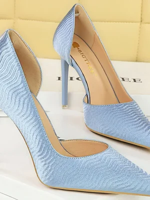 Women 10.5cm High Heels Sky Blue Pumps Lady Stiletto Hollow Silk