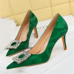 Women 8cm High Heels Hollow Green Pumps Lady Rhinestone Crystal - Image 2