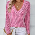 Women's Autumn V Neck Striped Sweater Long Sleeve - Image 10