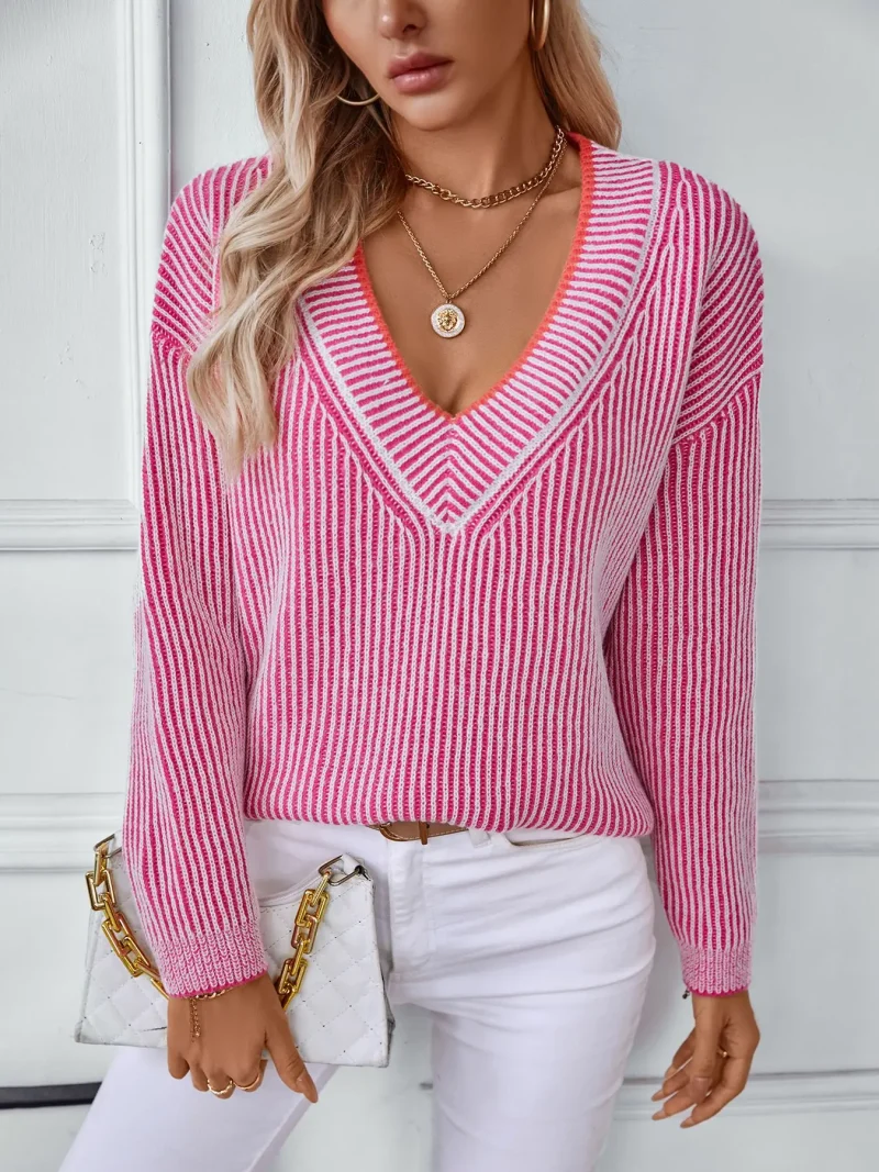 Women's Autumn V Neck Striped Sweater Long Sleeve - Image 10