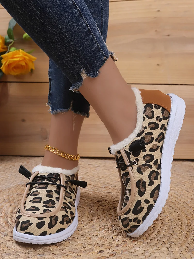 Women Fluffy Fur Snow Boots Women Autumn Winter Leopard Print Flat - Image 4