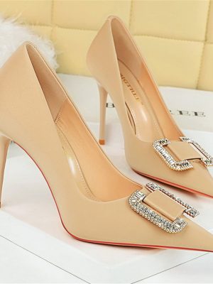 Women 11cm High Heels Satin Silk Crystal Buckle Pumps Lady