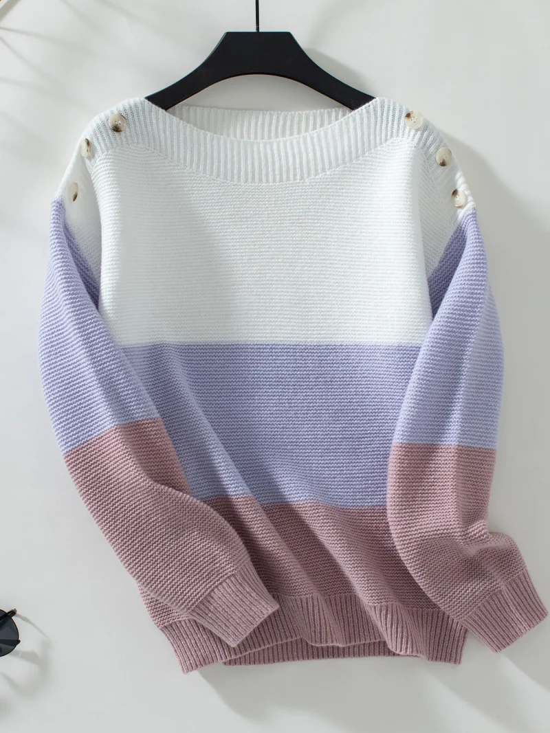 Contrast Color Slash Neck Button Pullovers Women Fashion - Image 13