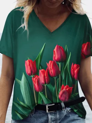 Fashion Tulip 3D Printed Women’s T-shirt Summer Casual Flower V-neck Shirt