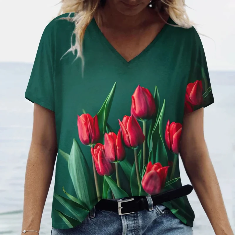 Fashion Tulip 3D Printed Women's T-shirt Summer Casual Flower V-neck Shirt