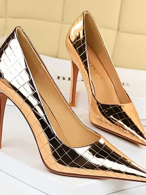 Women 10cm High Heels Pumps Lady Stiletto Metallic Bronze Leather Scarpins