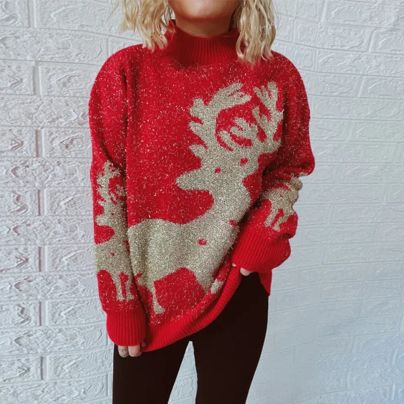 Snowflake Gold Thread Elk Christmas Sweater Women 2024 - Image 4