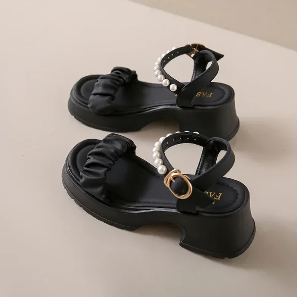 Summer New Round Toe Open Toe Pearl Chain Buckle Thick Sole - Image 11