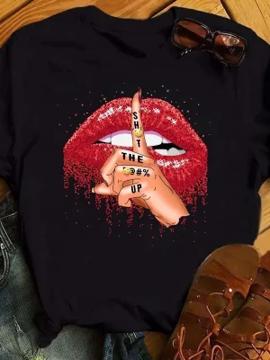 Women’s Short Sleeve T-shirt Finger Red Lips Printed Plus Size Shirt Fashion