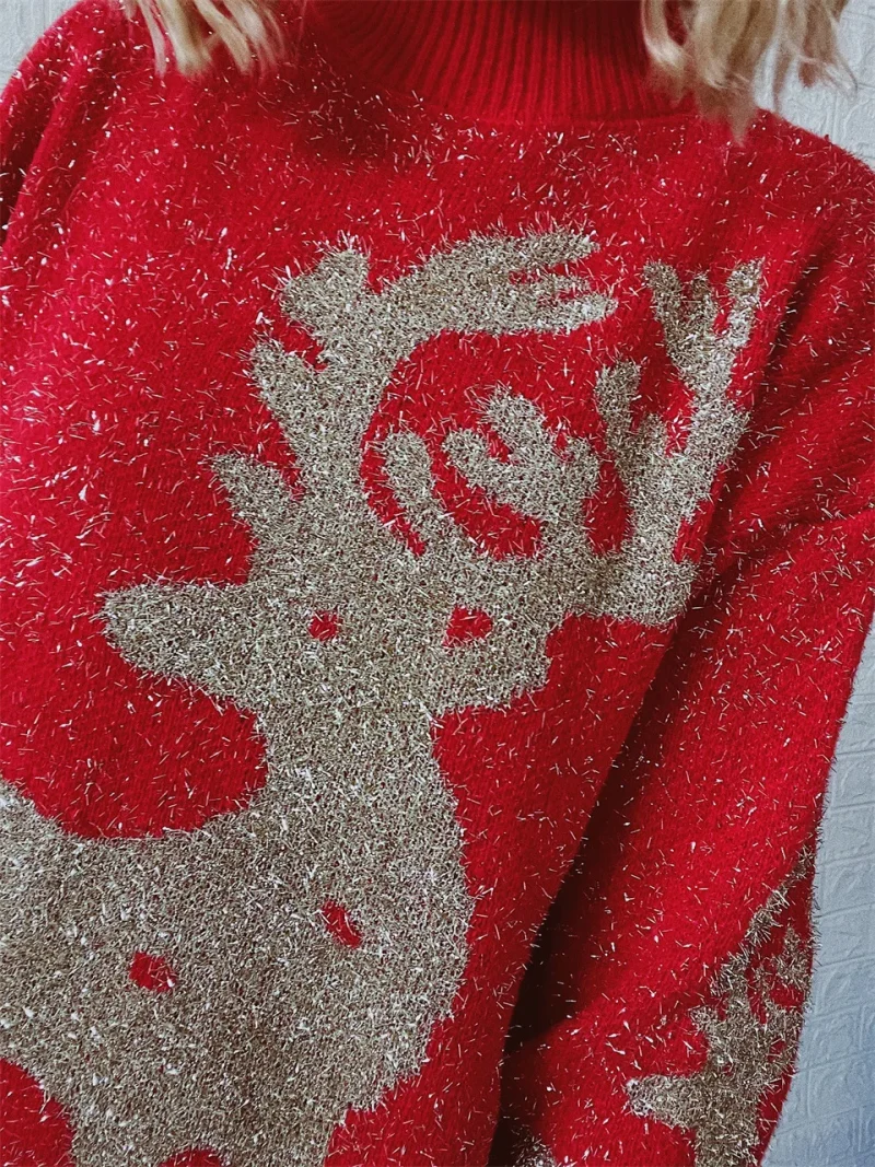 Snowflake Gold Thread Elk Christmas Sweater Women 2024 - Image 8