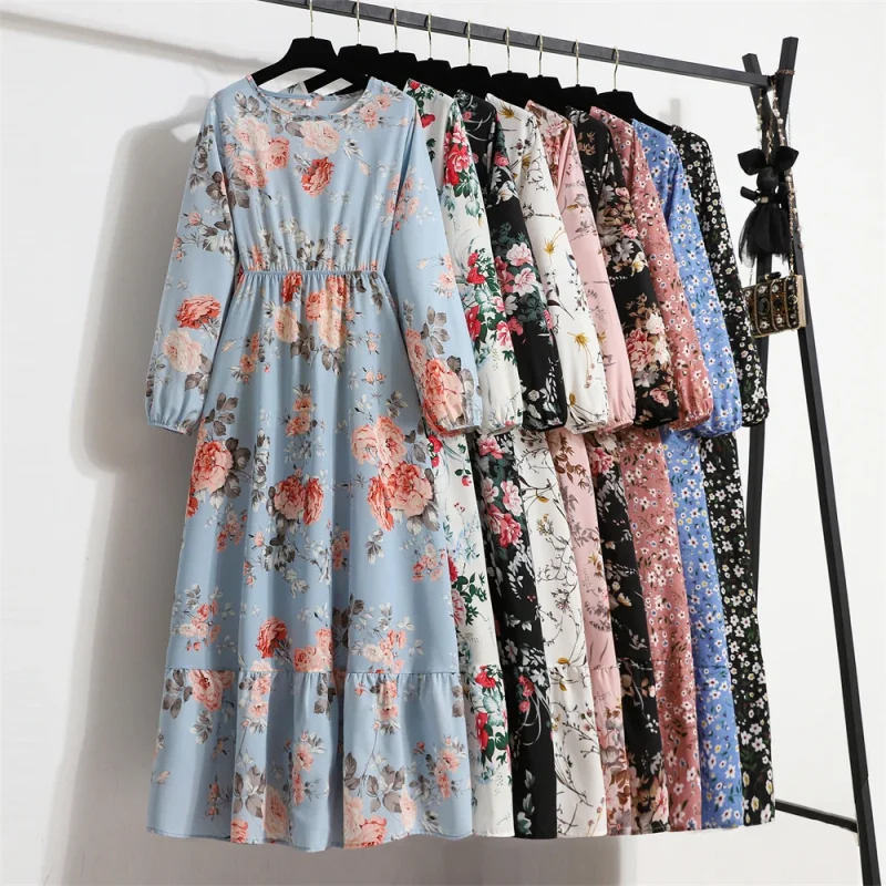 Summer Women Maxi Dresses Casual Full Sleeve Floral Printed O-neck - Image 2