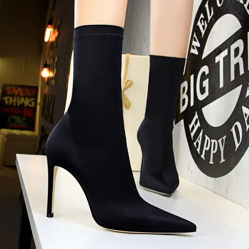 Women 7.5cm 10cm High Heels Silk Sock Boots Green Low Heels - Image 19
