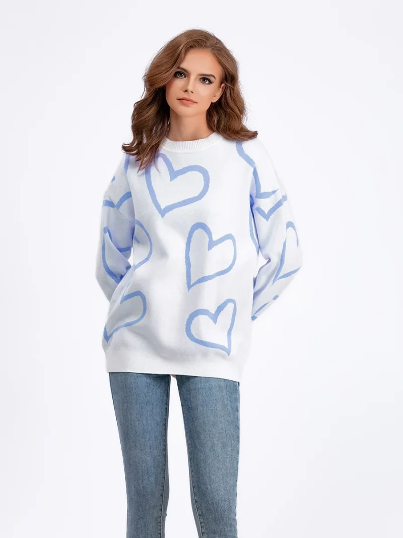 Heart Print O-Neck Pullovers Women Long Sleeve Loose Knitted Sweaters - Image 10