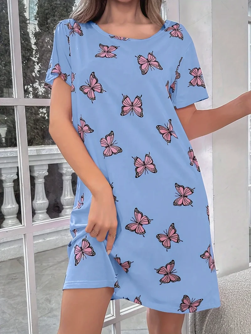 Casual Butterfly Printed Pajamas Short Sleeve Round Neck T-Shirt Dress - Image 5