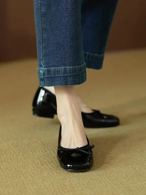 Woman’s Flats Patent Leather Ballet Flats Bowtie Boat Shoes Low Heels Slip on Flat Shoes Woman Black Loafers Spring Autumn 1552N