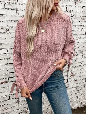 Long Sleeve Lace Up O-Neck Pullover Women 2024