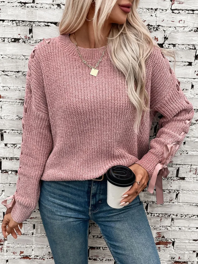 Long Sleeve Lace Up O-Neck Pullover Women 2024 - Image 10