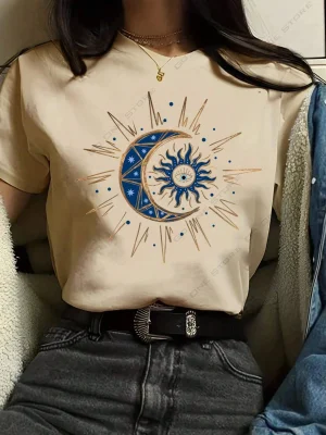 Women’s Sun and Moon Totem Printed Short Sleeve Cotton T-Shirt Tops