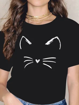 Women’s Cat Face Printed T-shirt Street Casual Loose