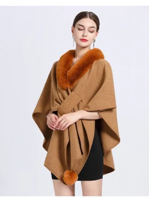 Rabbit Fur Collar Half Sleeve Poncho Women Loose Knit Cape Cardigan Coat