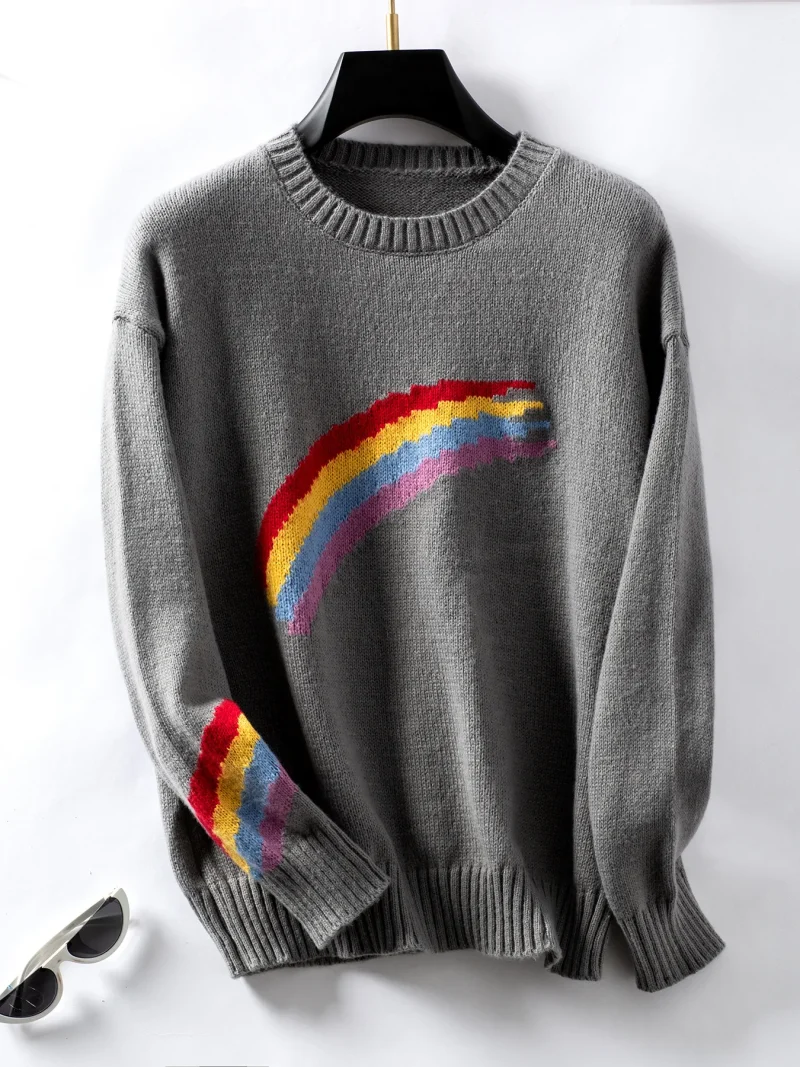 Rainbow Striped O-Neck Pullovers Women Fall Winter Cloth - Image 13