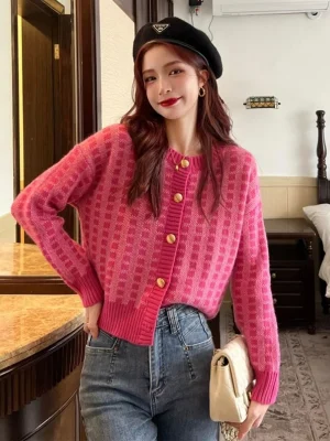 Women Cardigan Korean Sweet Plaid Long Sleeve Female Sweaters