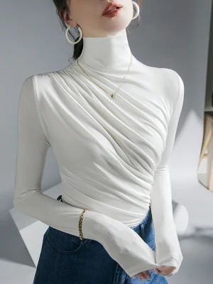 Turtleneck White Women T Shirts Korean Elegant Folds Slim Long Sleeve