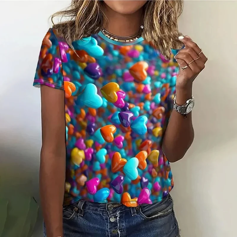 3D Love Print Women's Short Sleeve T-shirt Summer Round Neck - Image 5