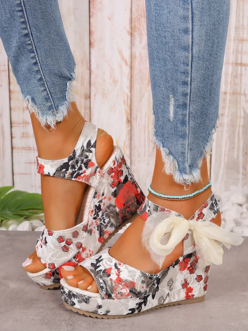 Female Open Toe Platform Sandals Fashion Flower Print Lace-up Wedges High Heels - Image 13