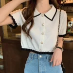 Sweet Women Shirt Korean Knitted Turn Down Collar Chic - Image 6