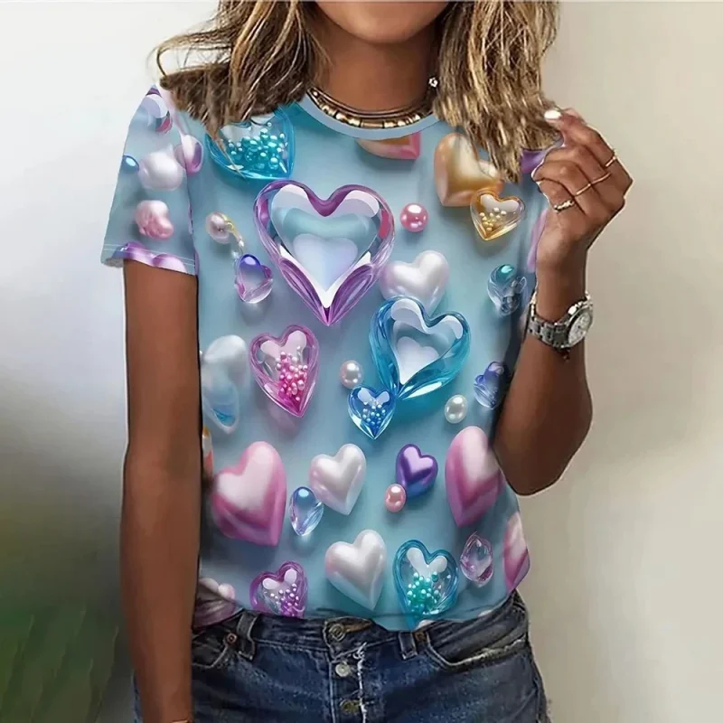 3D Love Print Women's Short Sleeve T-shirt Summer Round Neck