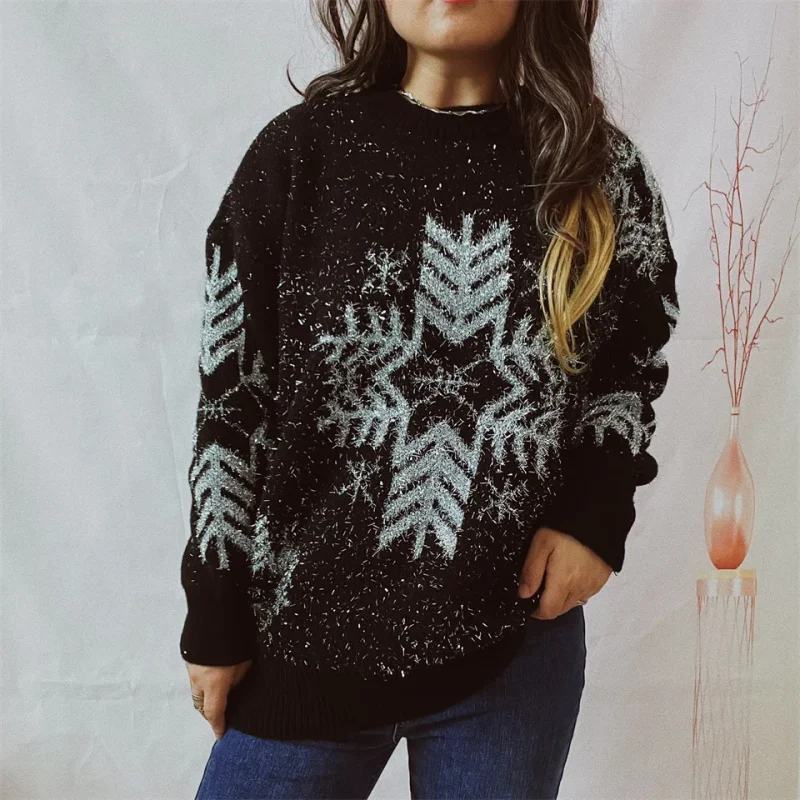 Gold Thread Snowflake Christmas Sweater O-Neck Long Sleeve - Image 4