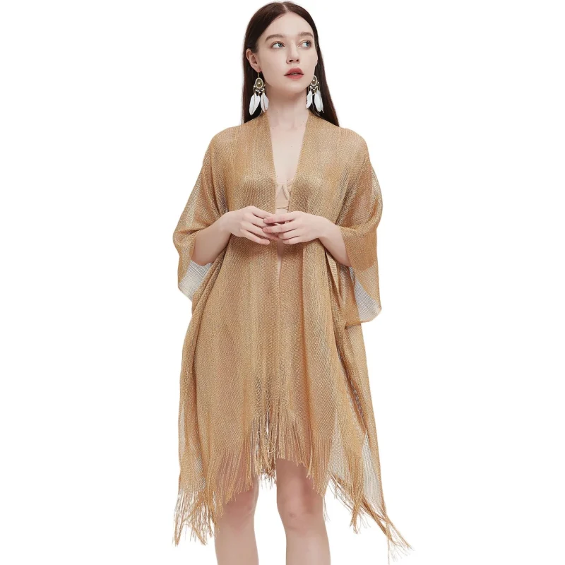 Women Casual Vacation KimonoTransparent Thin Shawl Beach Wear Cover Ups - Image 8