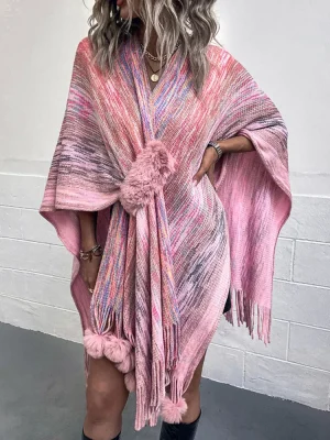 Rainbow Striped Poncho Knitted Tassel Shawl Coat Women