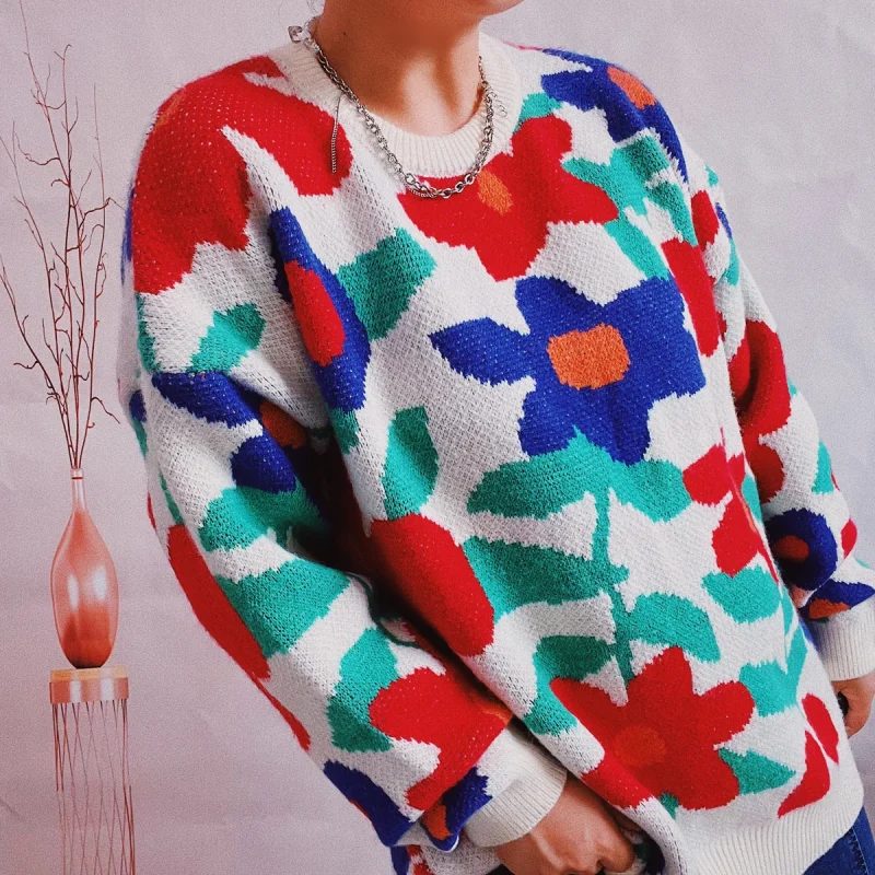 Winter Clothes Big Flower Long Sleeve Knitted Sweater Women Fashion - Image 9