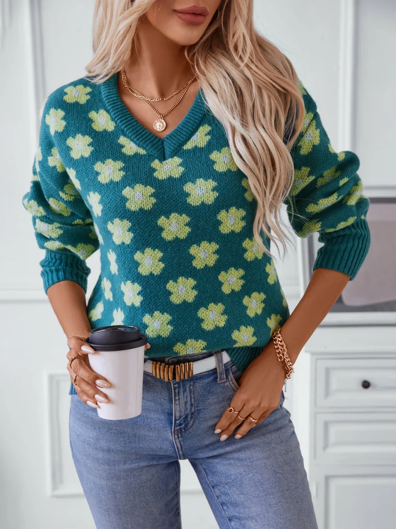 Floral V Neck Pullover Sweater For Women 2024 - Image 11