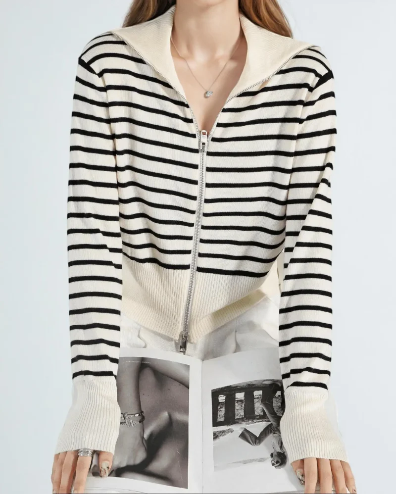 Women's Autumn Winter Black White Striped Hooded Zipper Cardigan Fashion - Image 17