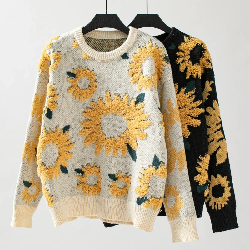 Sunflower Embroidered O-Neck Pullovers Women Long Sleeve Knitted Floral Sweaters - Image 9