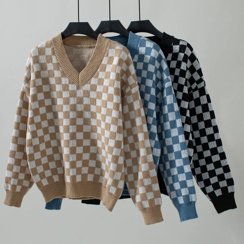 Autumn Winter Cloth Women's V-Neck Long Sleeve Plaid Sweaters