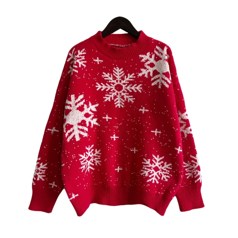 Clothes Christmas Sweater Snowflake Print O- Neck Long Sleeve Knitted - Image 2