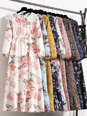 Summer Women Maxi Dresses Casual Full Sleeve Floral Printed O-neck